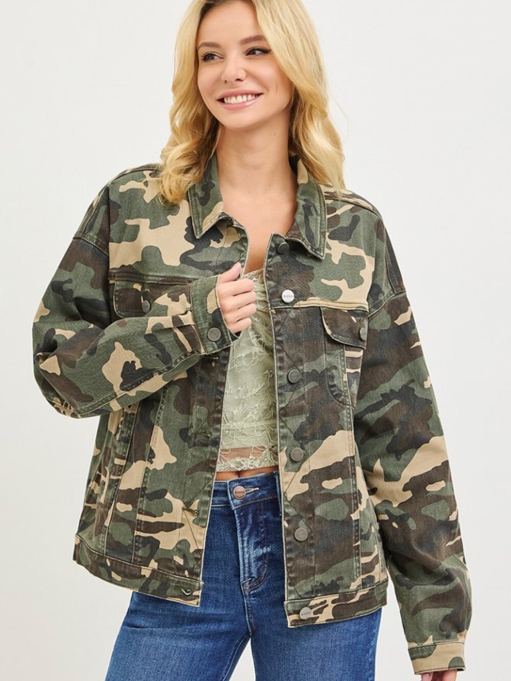 new RISEN JEANS CAMOUFLAGE CAMO JACKET plus sz 1X-3X trendy fashion USA classic